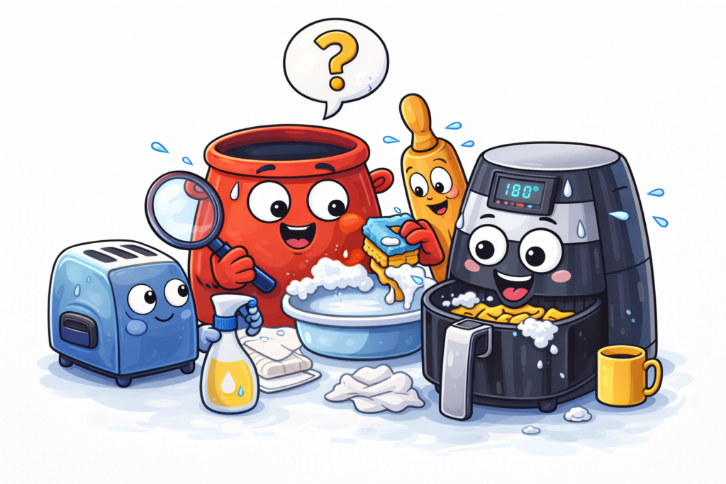 Illustration nettoyage airfryer avec éponge, savon et eau pour entretien et dégraissage de l’appareil