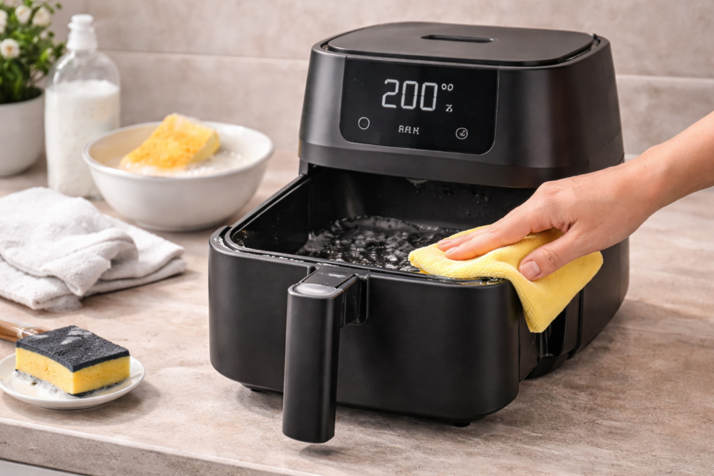 Nettoyage d’un airfryer avec une éponge et de l’eau savonneuse pour entretenir la cuve et le panier