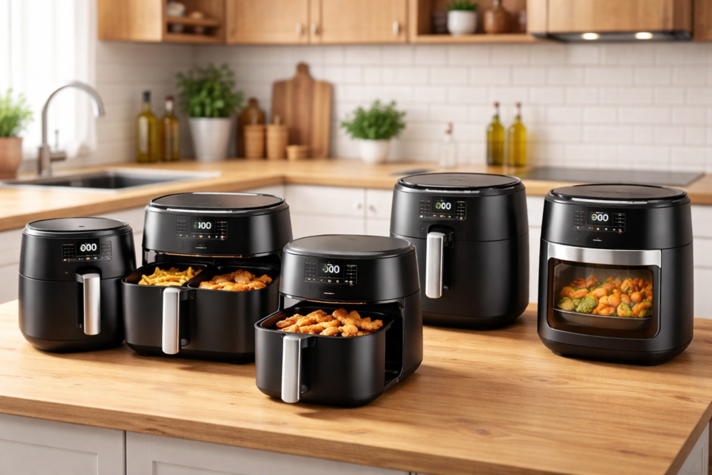 Comparatif de plusieurs airfryers de différentes capacités avec frites et poulet cuits, posés sur un plan de travail dans une cuisine moderne