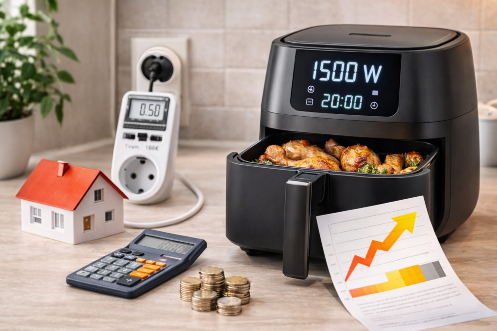 Airfryer 1500W avec compteur électrique et calcul du coût de consommation d’électricité en cuisine