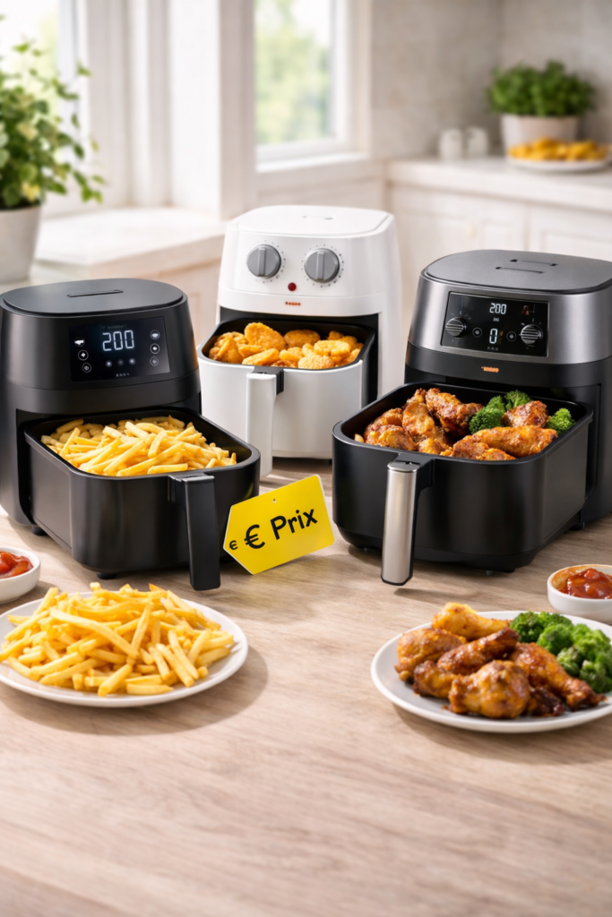 Comparatif airfryer pas cher avec frites et poulet sur plan de travail montrant plusieurs modèles économiques
