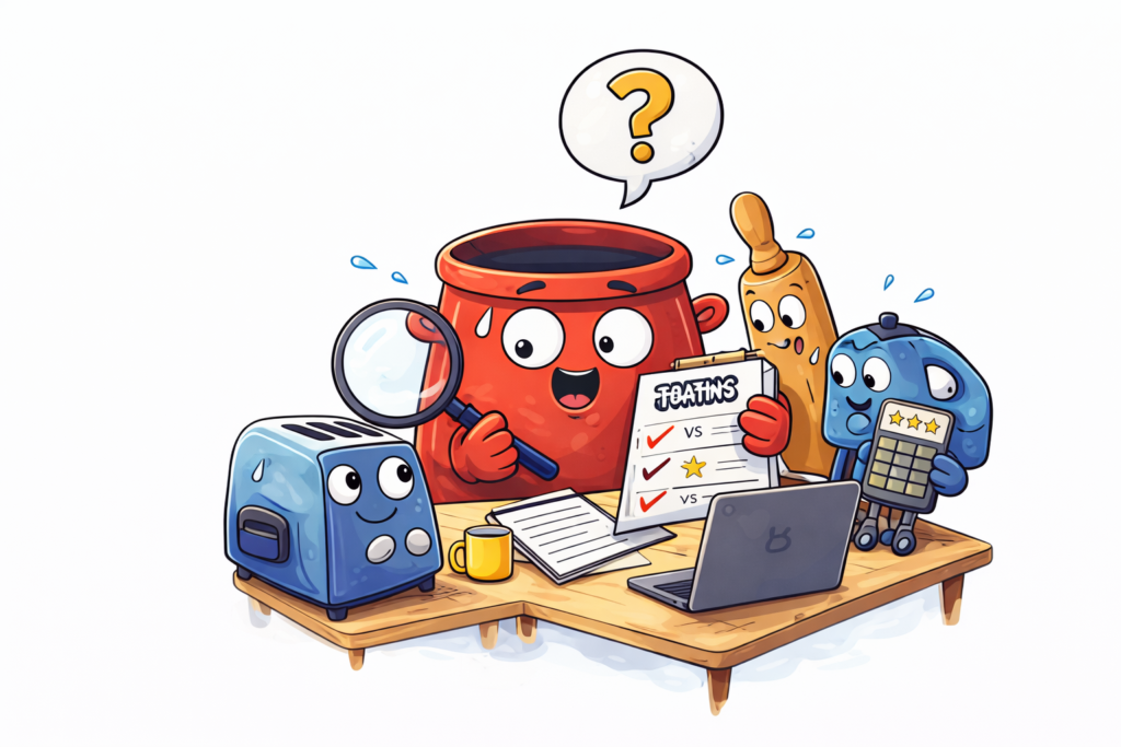 Illustration équipe testant et comparant des appareils de cuisine pour guides d’achat et avis produits