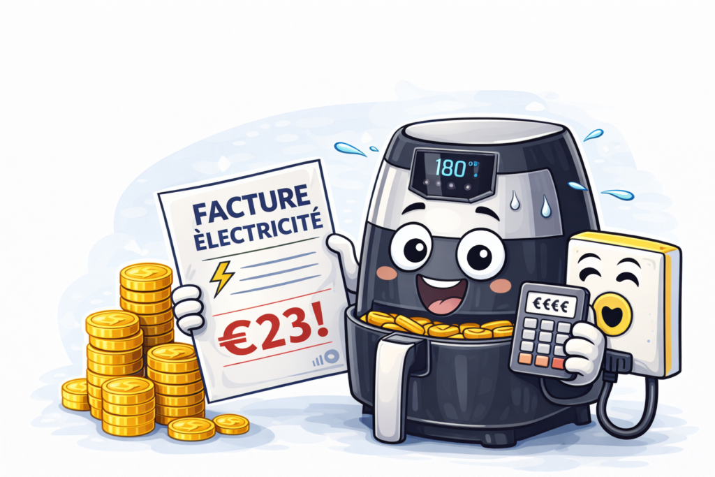 Illustration airfryer économique avec facture d’électricité, calculatrice et pièces montrant le coût d’utilisation