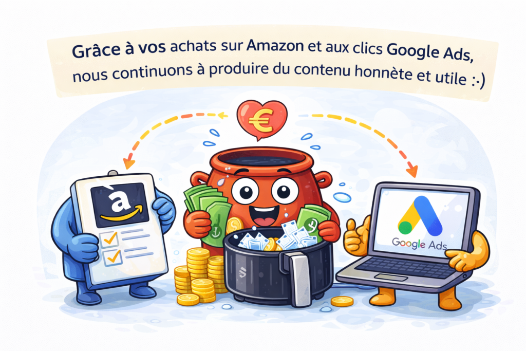 Illustration financement site web avec affiliation Amazon et publicité Google Ads pour comparatifs d’airfryers