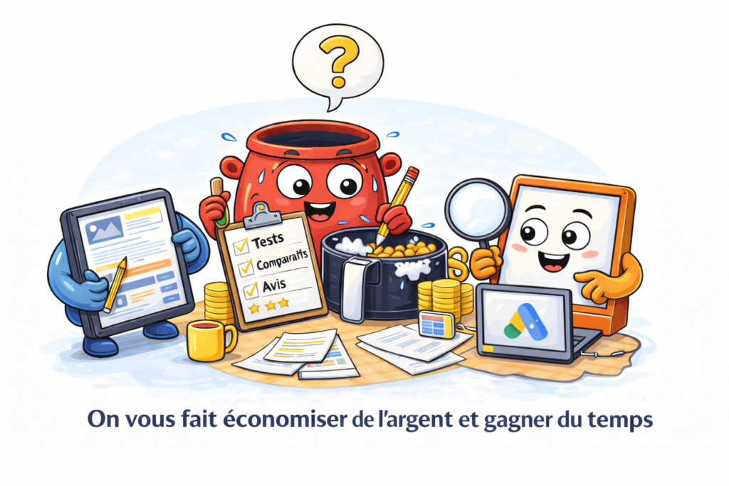 Illustration équipe rédaction comparatifs airfryer réalisant tests, avis et analyses pour guides d’achat cuisine