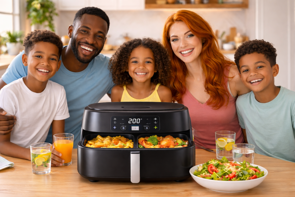 Famille utilisant un airfryer grande capacité pour préparer un repas avec légumes et frites dans une cuisine moderne