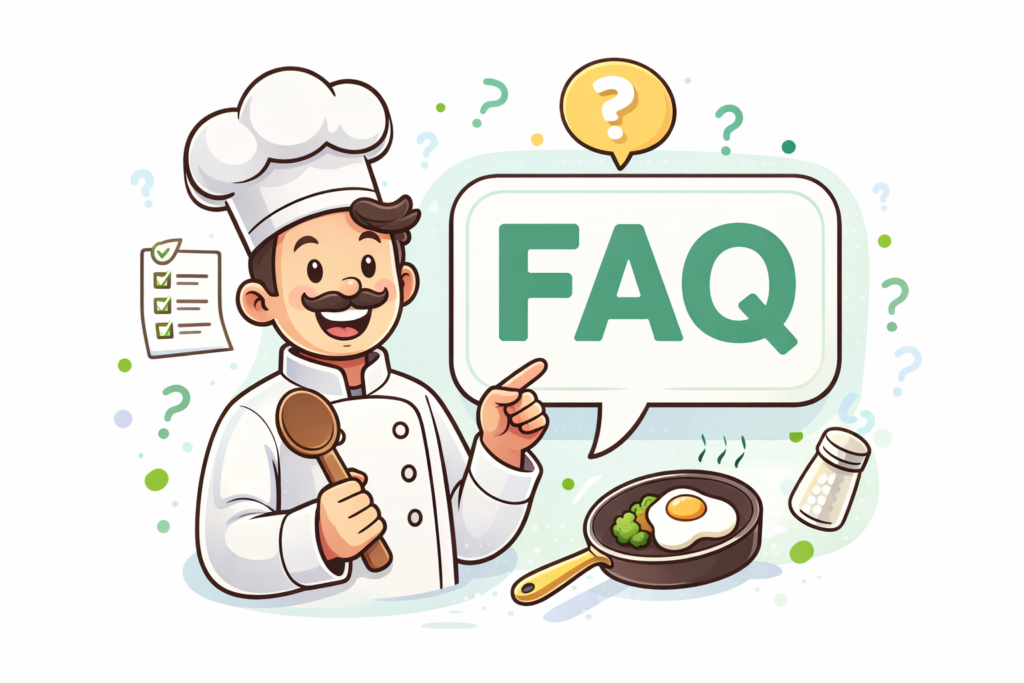 Illustration FAQ cuisine avec chef expliquant les questions fréquentes sur l’airfryer et la cuisson des aliments