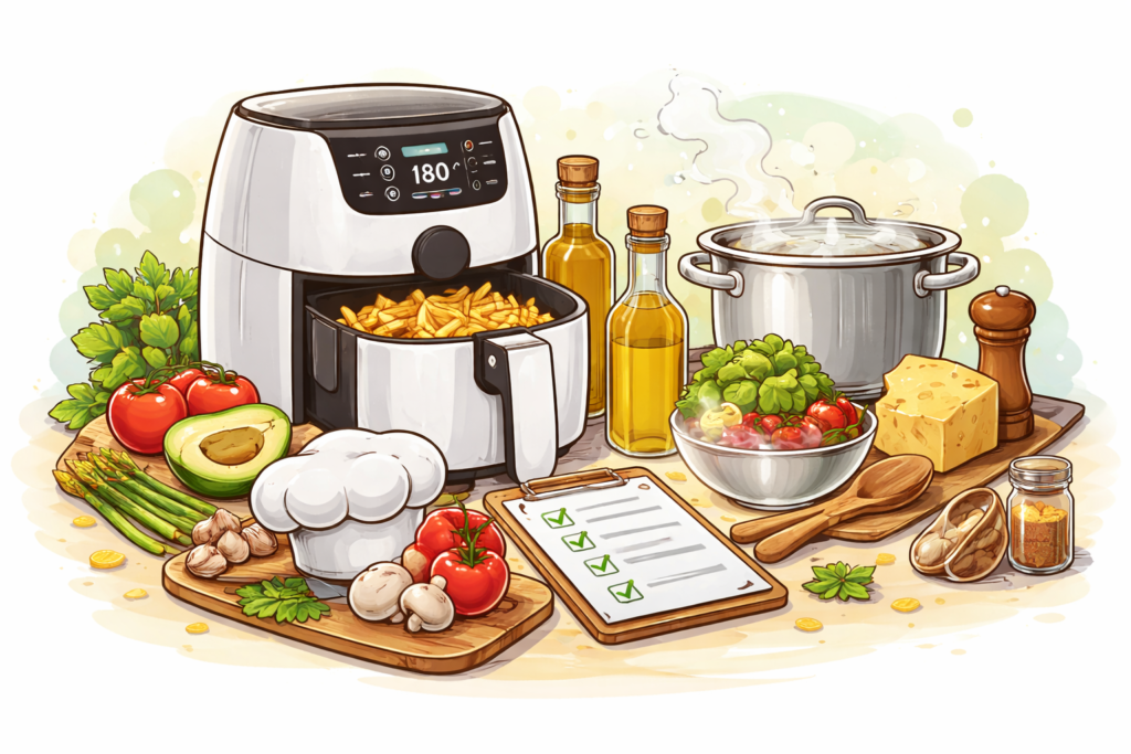 Illustration airfryer et ustensiles de cuisine sur un plan de travail pour comparatifs d’appareils de cuisine et guides d’achat