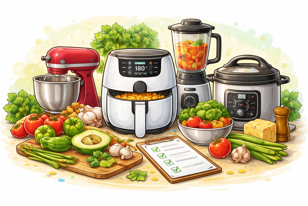 Illustration appareils de cuisine dont airfryer, blender et robot avec ingrédients frais pour préparation de repas maison