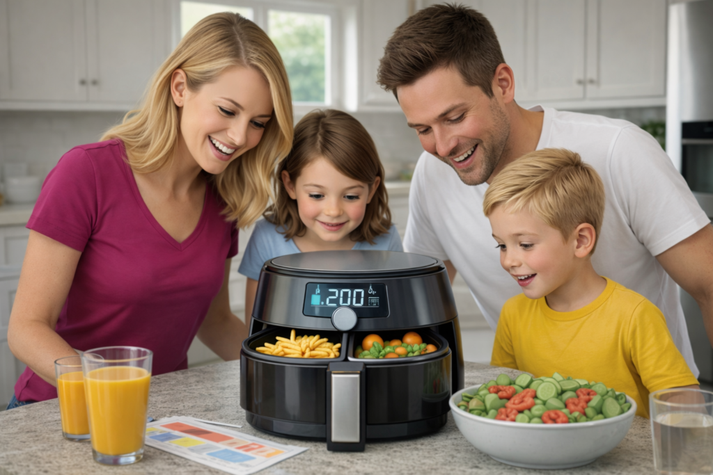Famille utilisant un airfryer double compartiment pour cuire frites et légumes dans une cuisine moderne