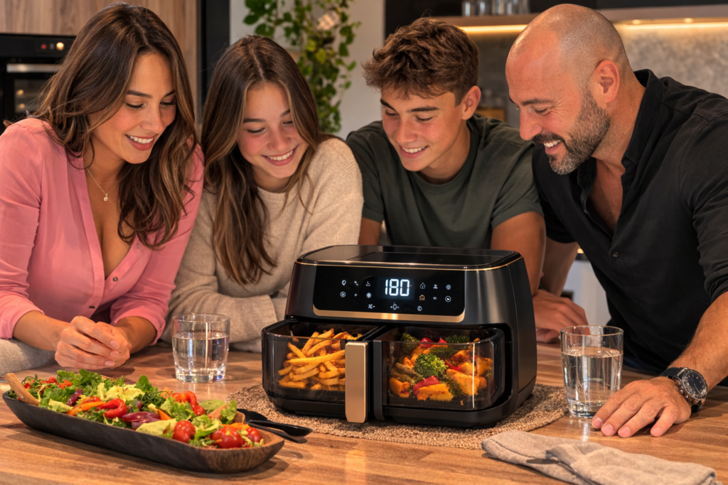 Famille de 4 personnes utilisant un airfryer pour préparer frites et légumes dans une cuisine moderne