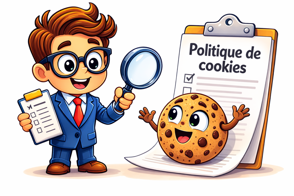 Illustration politique de cookies site web avec document, loupe et cookie symbolisant la gestion des données et traceurs