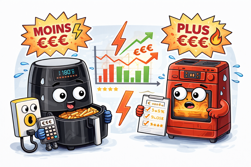 Illustration comparaison consommation électrique airfryer vs four traditionnel montrant que l’airfryer coûte moins cher en électricité