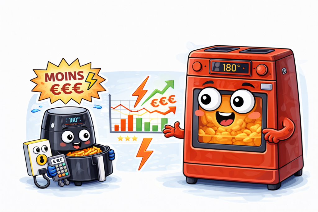 Illustration comparaison coût électricité airfryer vs four traditionnel montrant que l’airfryer consomme moins d’énergie
