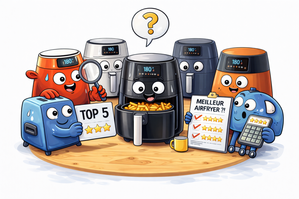 Illustration comparatif des meilleurs airfryers 2026 avec classement Top 5 et évaluation des modèles