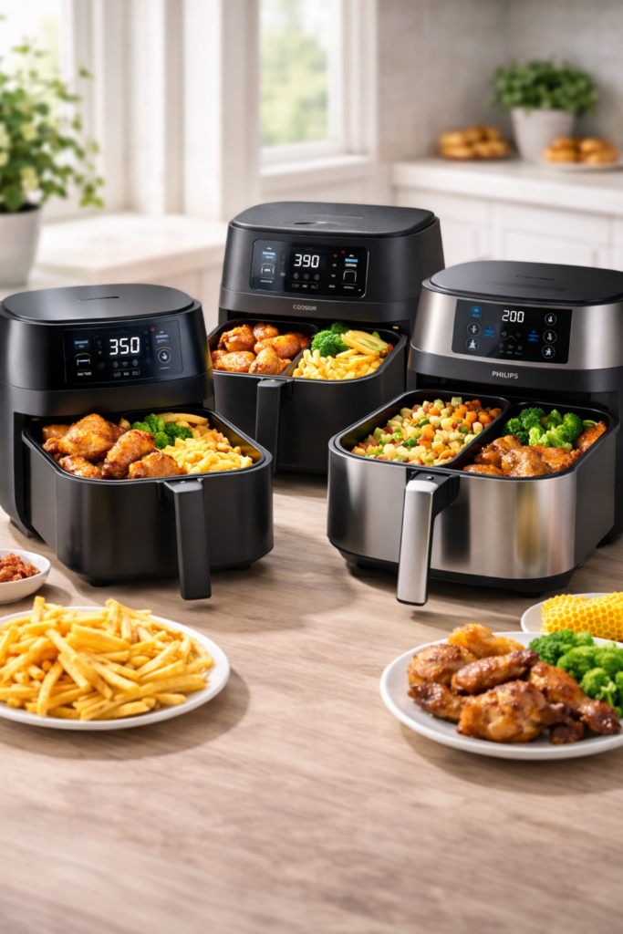 Comparatif des meilleurs airfryers double compartiment 2026 avec cuisson simultanée de frites, légumes et poulet