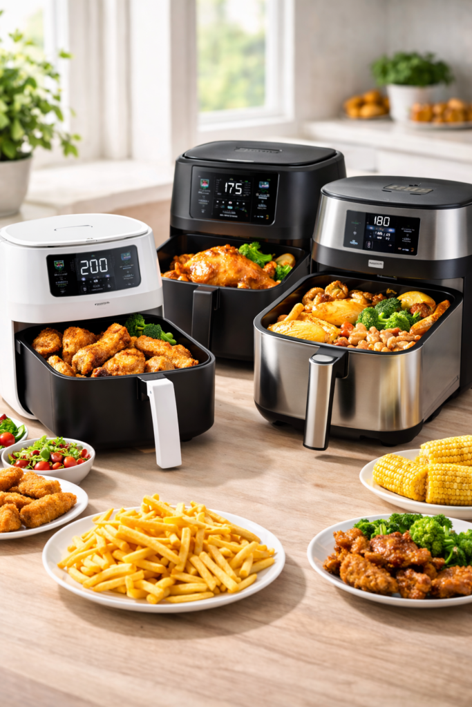 Comparatif des meilleurs airfryers pour famille de 4 personnes avec frites, poulet et légumes cuits dans une cuisine moderne