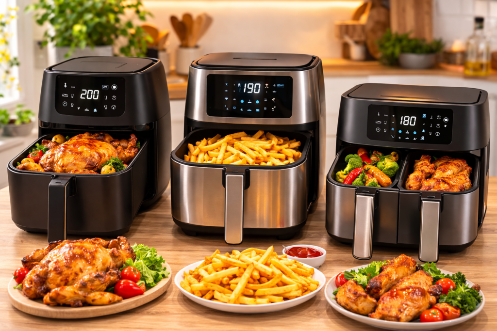 Comparatif des meilleurs airfryers grande capacité 2026 avec cuisson de poulet, frites et légumes