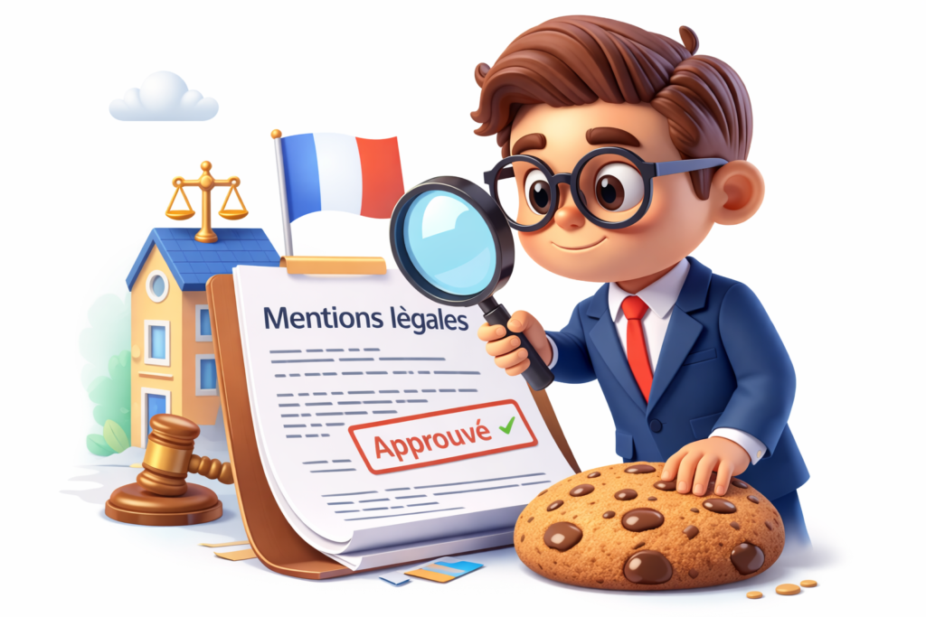 Illustration mentions légales site web avec document officiel, loupe et symbole juridique