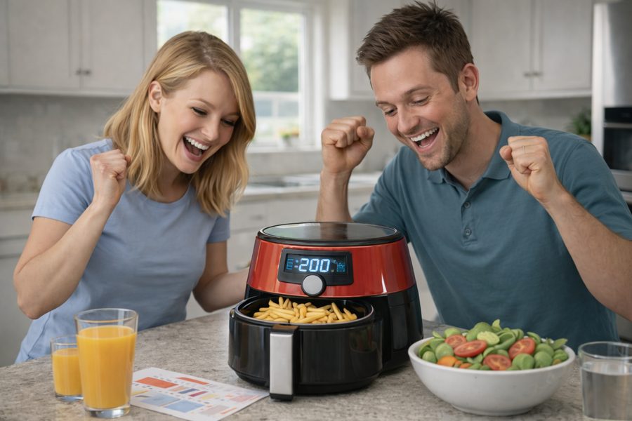 Couple utilisant un airfryer pour préparer des frites croustillantes dans une cuisine moderne