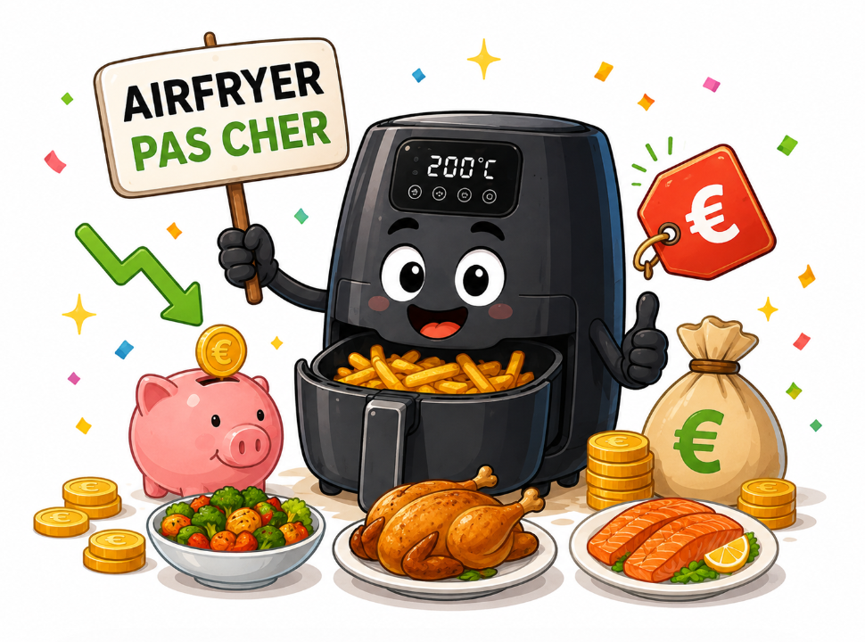 Illustration d’un airfryer pas cher avec symbole euro et économies