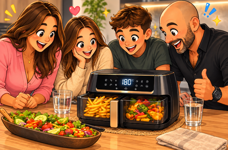 Illustration d’une famille choisissant un airfryer adapté à quatre personnes